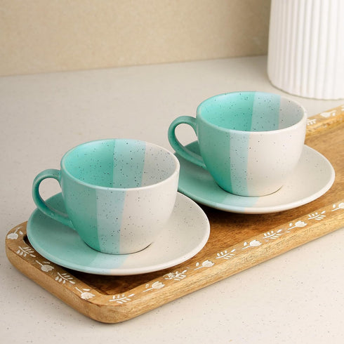 TT Green Ceramic Cup with Saucer Set of 2 (250ML) - The Earth Store - Cup Sets